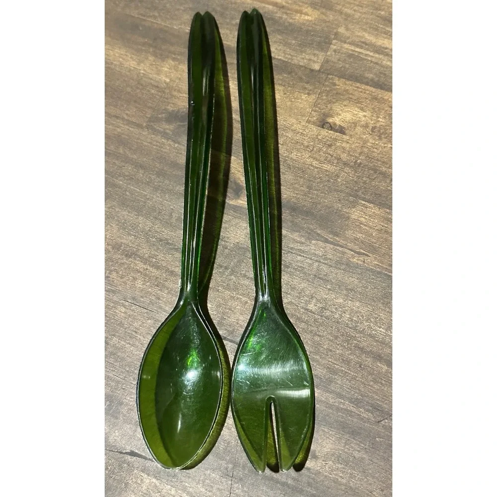 Green Acrylic Salad Serving Set 2 Piece Modern Kitchen Utensils Mid Century Mod